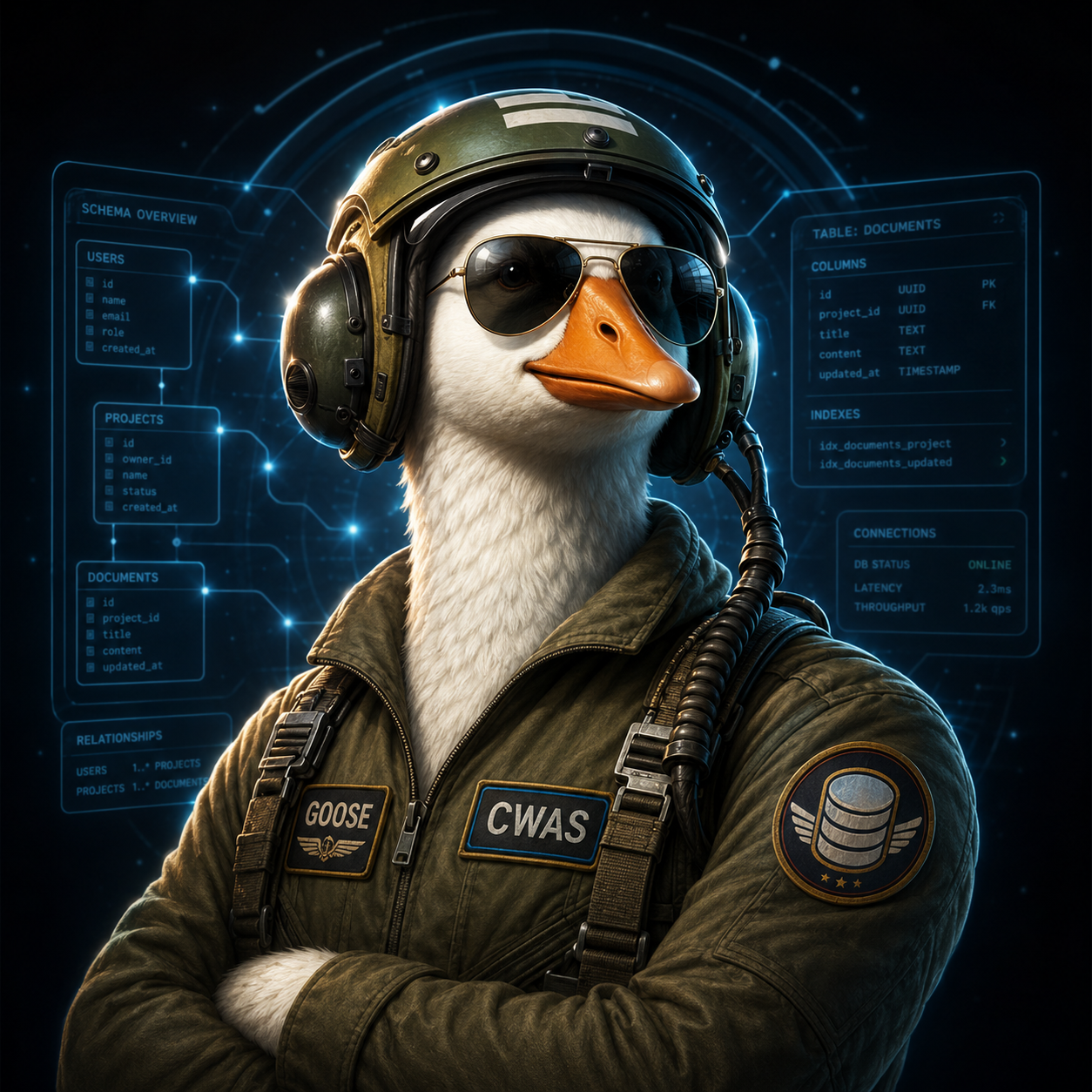 Goose, the CWAS schema documentation agent, depicted as a cool navy-pilot-style goose avatar.